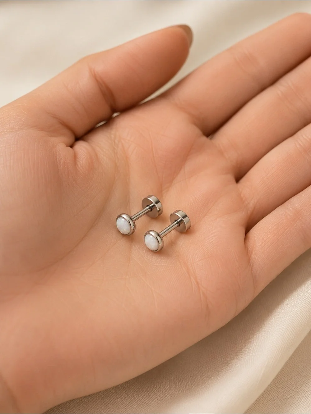 White Opal Flat Back Stud Earrings Stainless Steel 20G 3mm - Picture 3 of 4